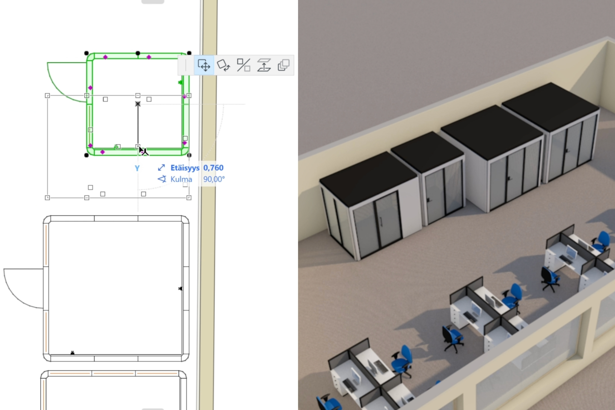 Planning the placement of scalable workrooms in an office using Archicad