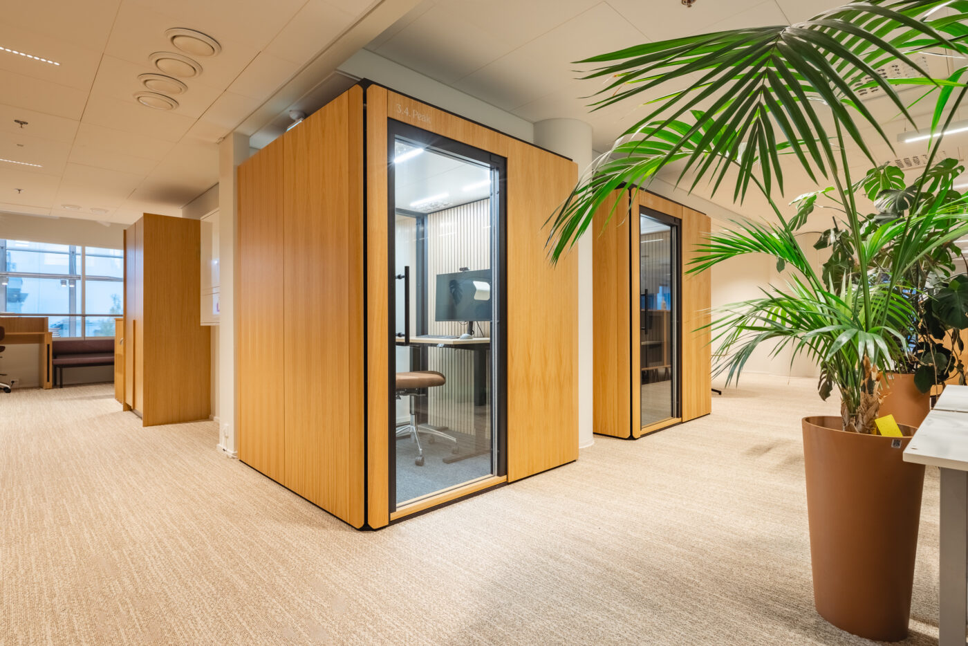 Two wood-finished Octacell 2X2 workrooms in Academic Work's renovated office