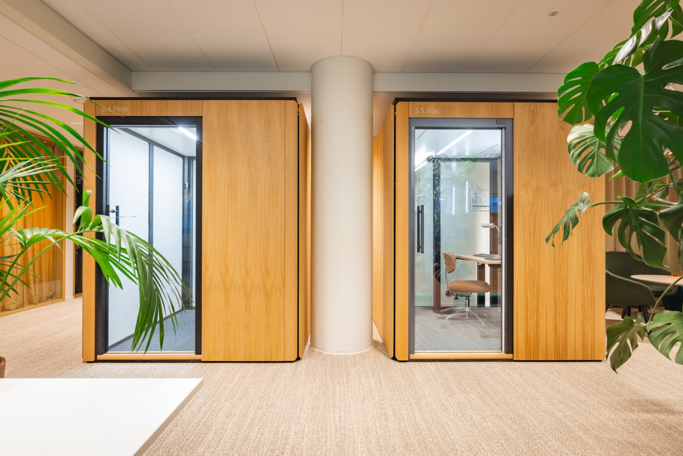 Front view of two Octacell 2X2 workrooms surrounded by indoor plants