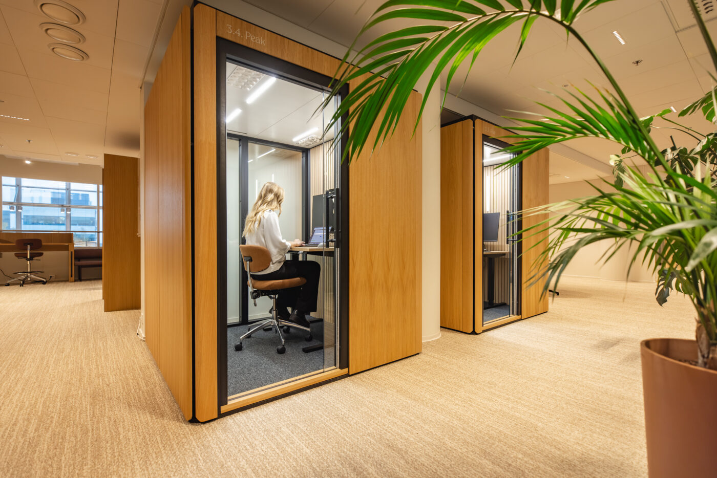Employee working at a desk inside an Octacell 2X2 workroom at Academic Work